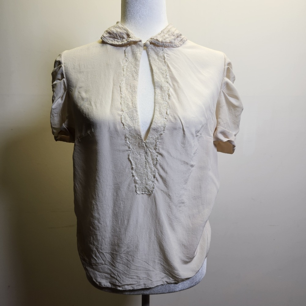 Jenny Jen 100% Silk Lace Trim Keyhole Blouse Med Ruffle Sleeves Peter Pan Collar